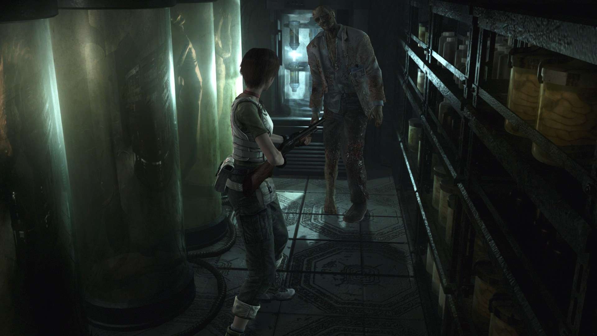 Rebecca facing a zombie in the lab.